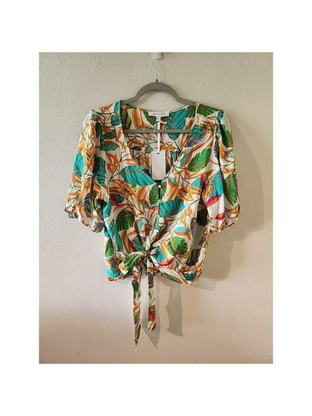 ROSE + OLIVE Hawaiian Bohemian V-Neck Balloon Sleeve Tunic Blouse 100% Rayon L